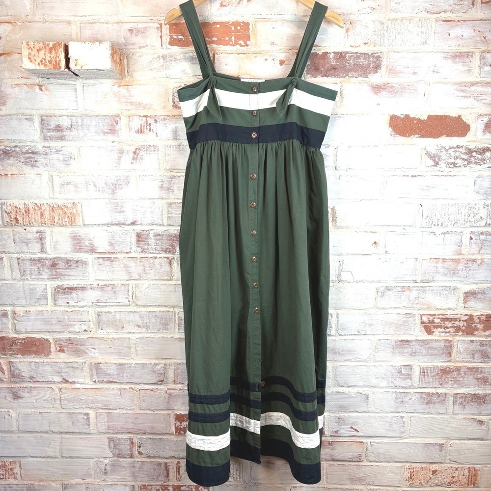 THE GREAT Horizon Dress Green Olive Stripe Cotton Tie Strap Maxi Dress Size 1 - Picture 1 of 12